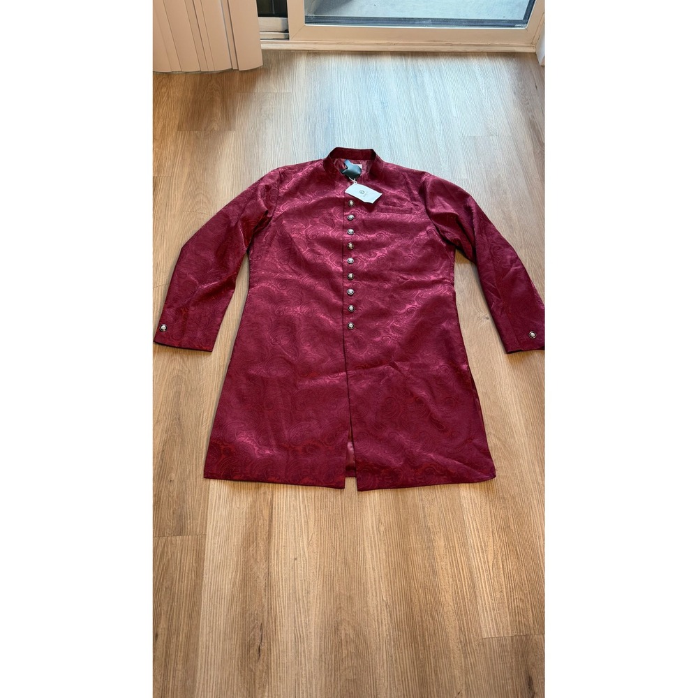Runcati Mens Victorian Steampunk Paisley Frock Coat Burgundy Large QT1749 NEW